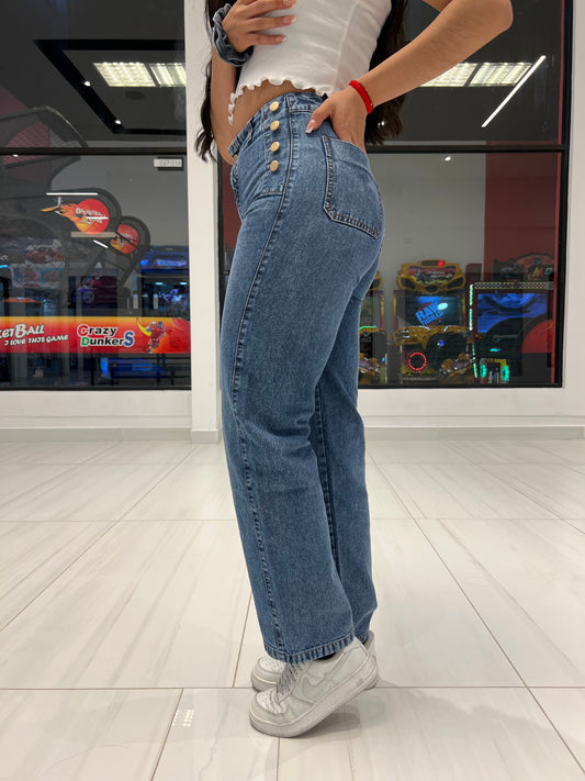 Wide Leg Jeans con Botones